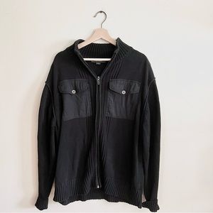 Pronto Uomo Men Zip Up Sweater Black Ribbed Long Sleeve Cotton Size XL